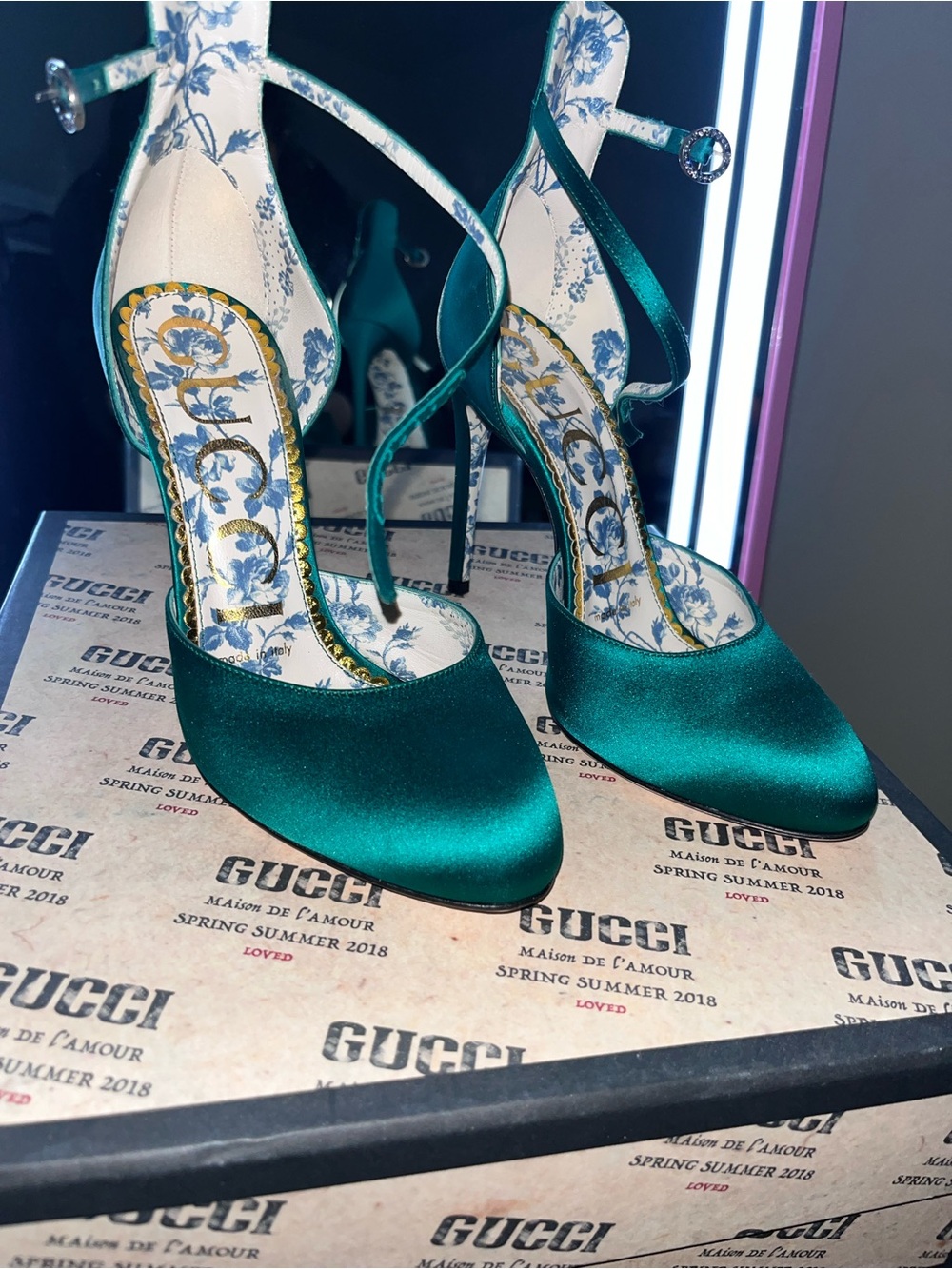 Gucci Teal Satin Ankle-Strap Pointed-Toe Stilettos